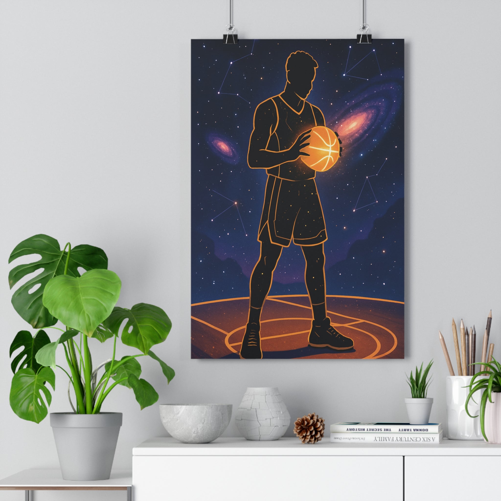 Poster décoratif cosmique bleu orange dessin animé basket bureau futuriste étoilé moderne 30x46 ambiance