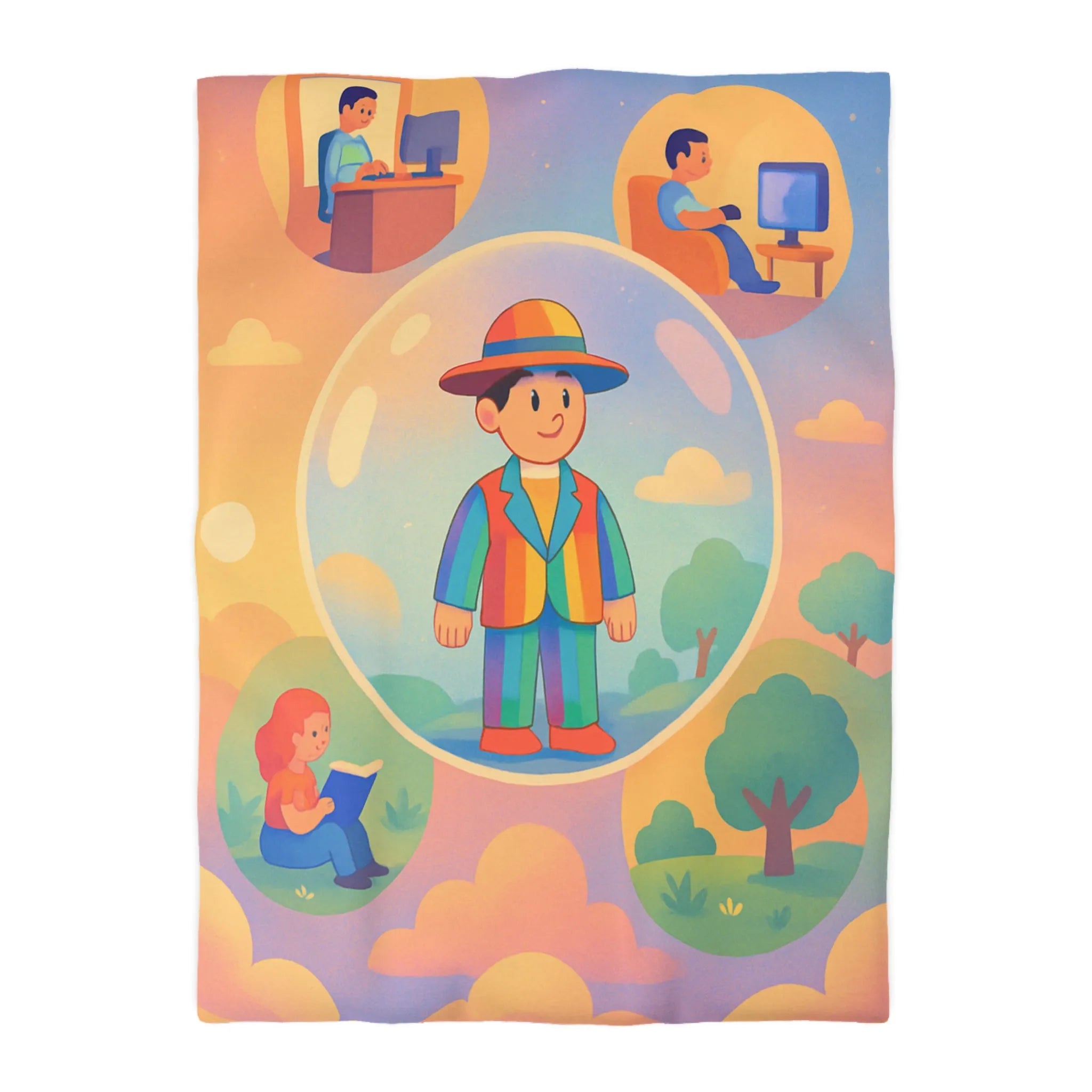 Housse de couette aux motifs rêveurs de personnages dans des bulles colorées et apaisantes