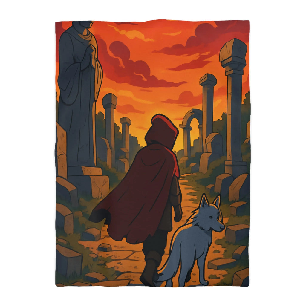 Housse de Couette Enfant Rouge et Blanc, Chemin Énigmatique du Crépuscule, Statue Mystérieuse