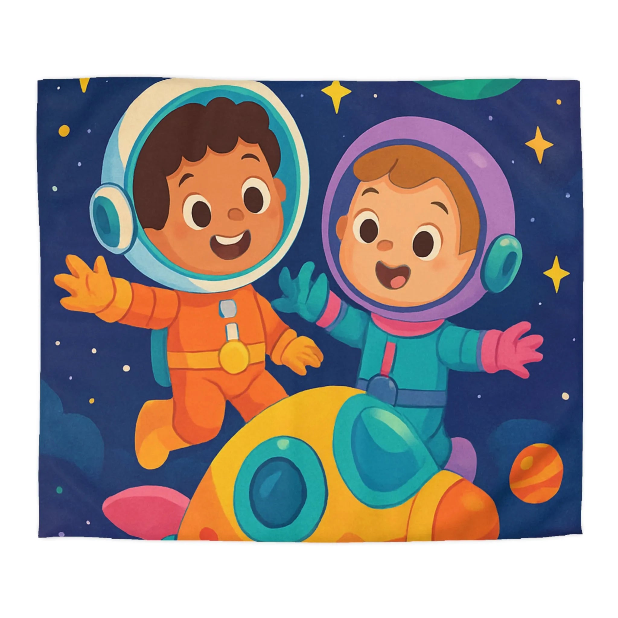 Couette Enfantine Cosmos : Enfants en Vaisseau Spatial avec Planètes et Étoiles Colorées