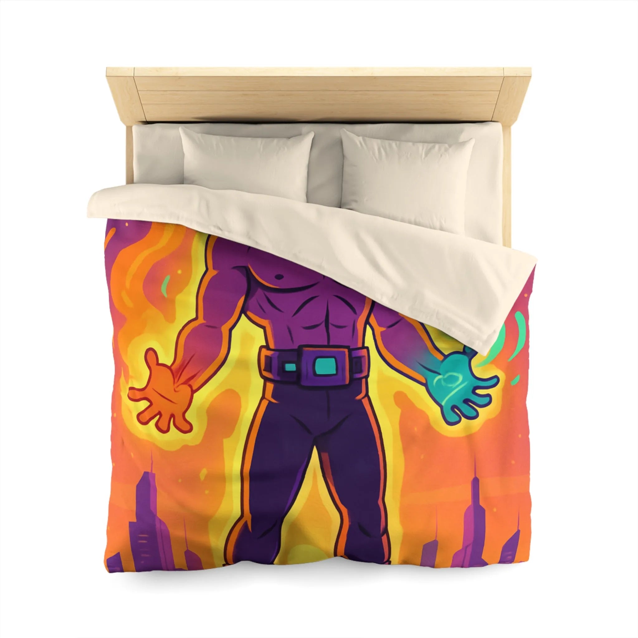 Housse de couette avec héros des éléments enflammés et lumineux sur fond de ville