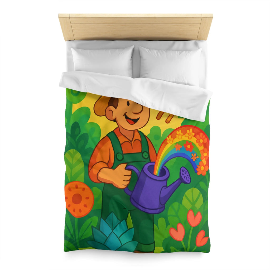 Housse de Couette Colorée avec Dessin Jardinier Arrosant des Fleurs et Arc-en-Ciel