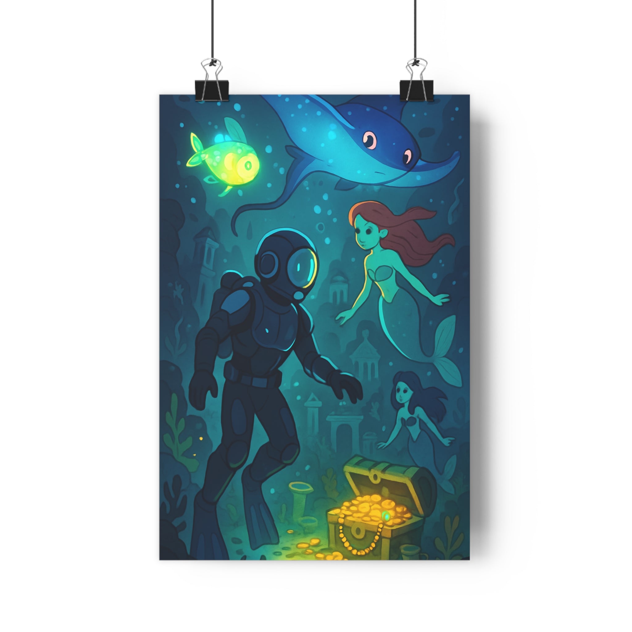 Poster décoratif aquatique bleu vert mystique aventure chambre enfant animé créatures marines captivant rêveur