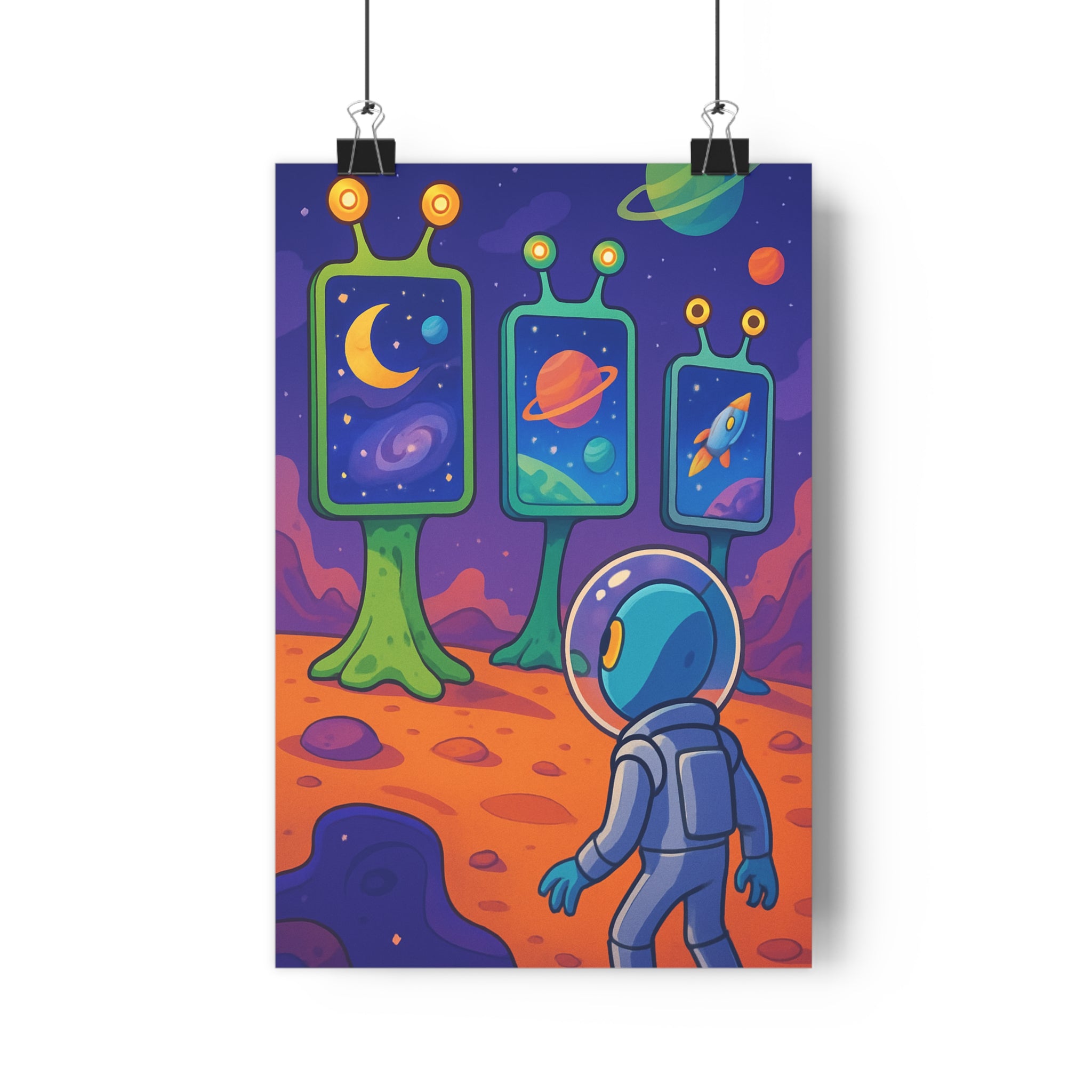 Poster décoratif astronaute panneau cartoon extraterrestre bleu vert orange chambre enfant ludique créatif aventure