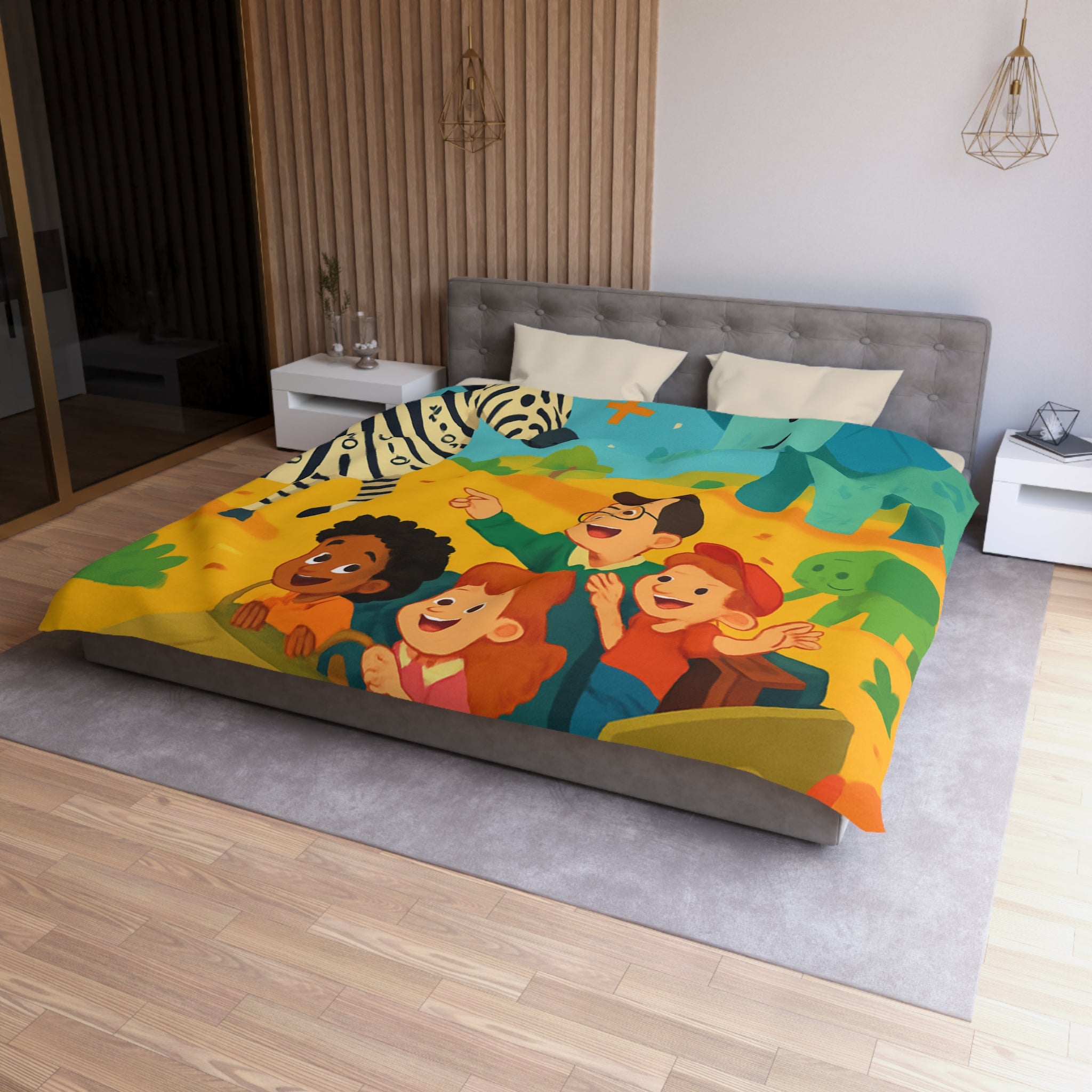 Housse de Couette Safari Éducatif avec Animaux Colorés et Enfants en Aventure