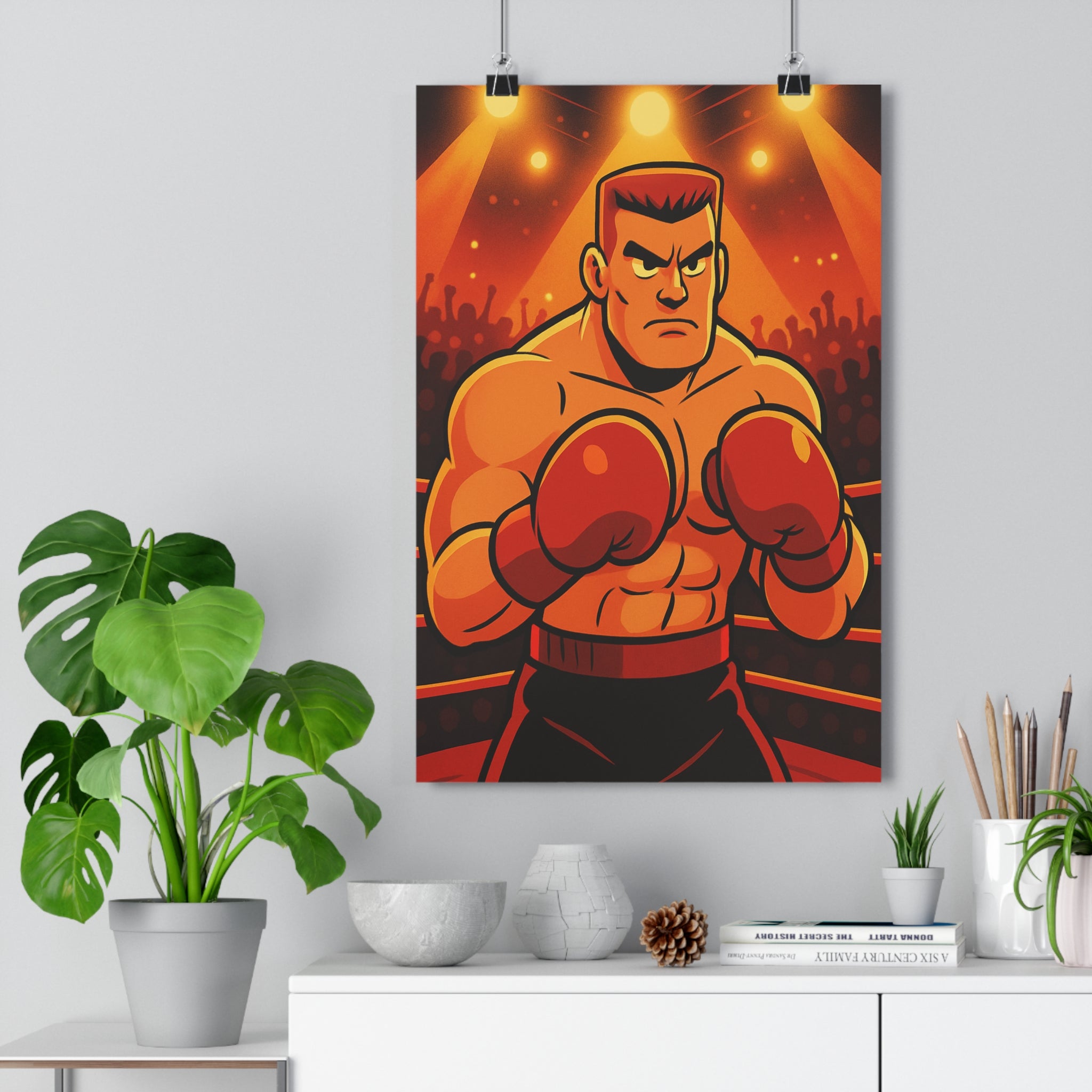 Poster décoratif boxeur musclé vibrant dynamique rouge orange cartoon énergique intense salon chambre moderne