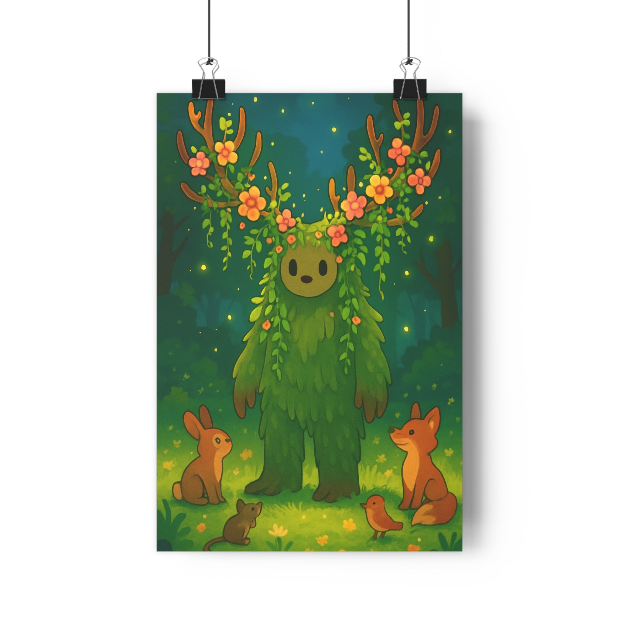 Poster décoratif féerique vert coloré enfant nature mystique chambre ambiance apaisante mural animalier floral