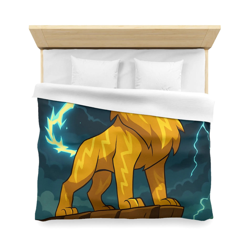 Housse de couette lion éclair lumineux, style animé, ambiance puissante, couleurs vibrantes