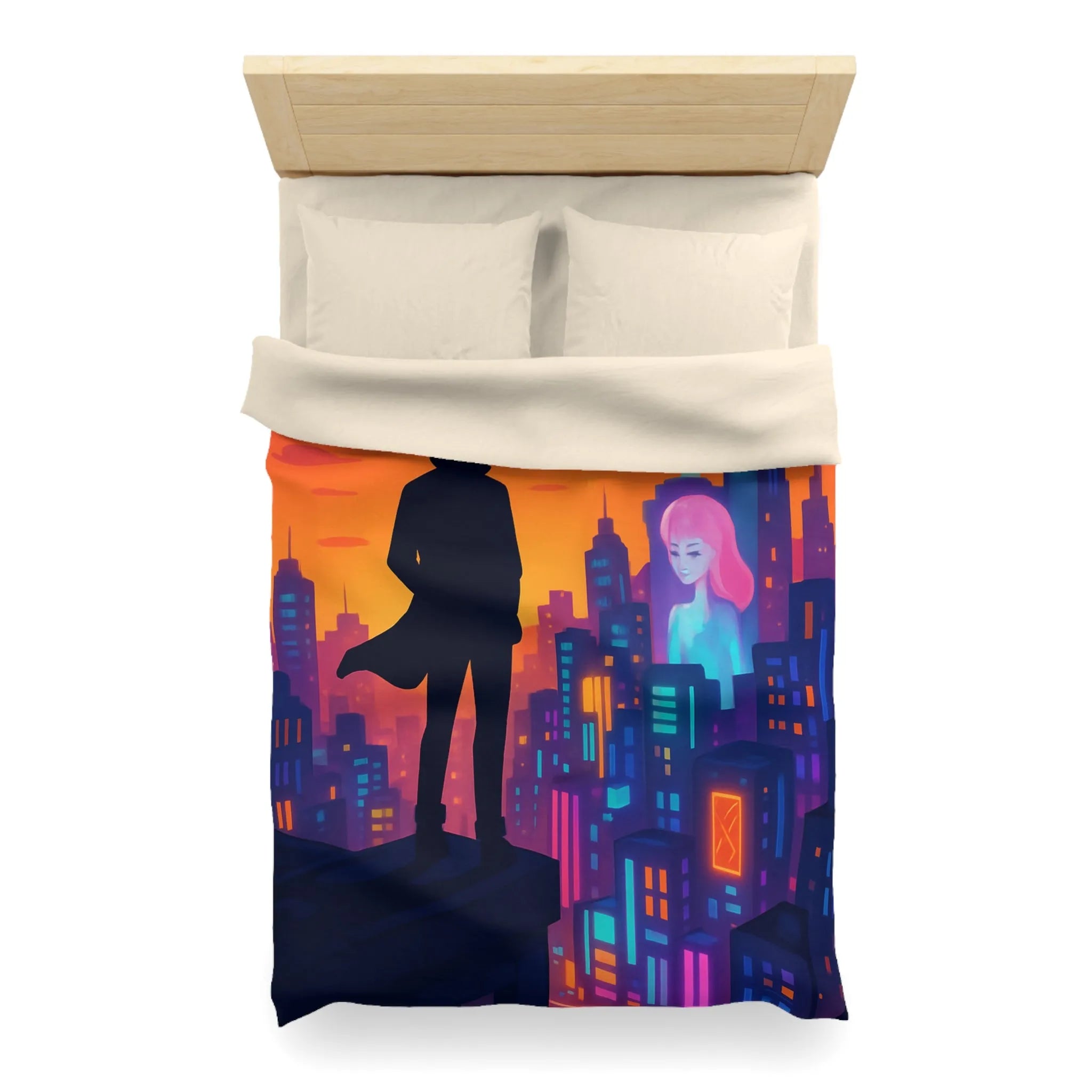 Housse de couette futuriste avec silhouette urbaine et couleurs vibrantes pour chambre moderne