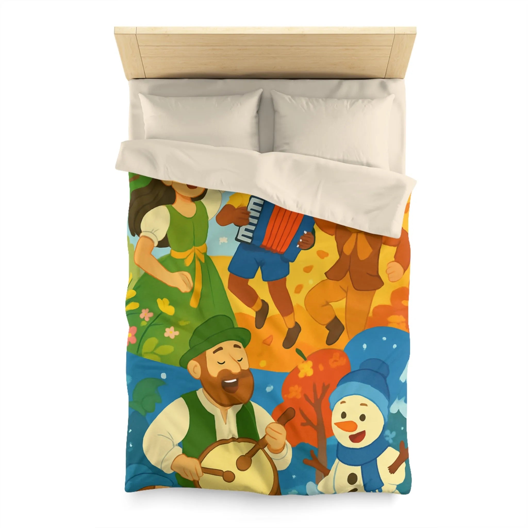 Housse de Couette Colorée aux Saisons : Illustration Danse et Fête Enfantine Joyeuse