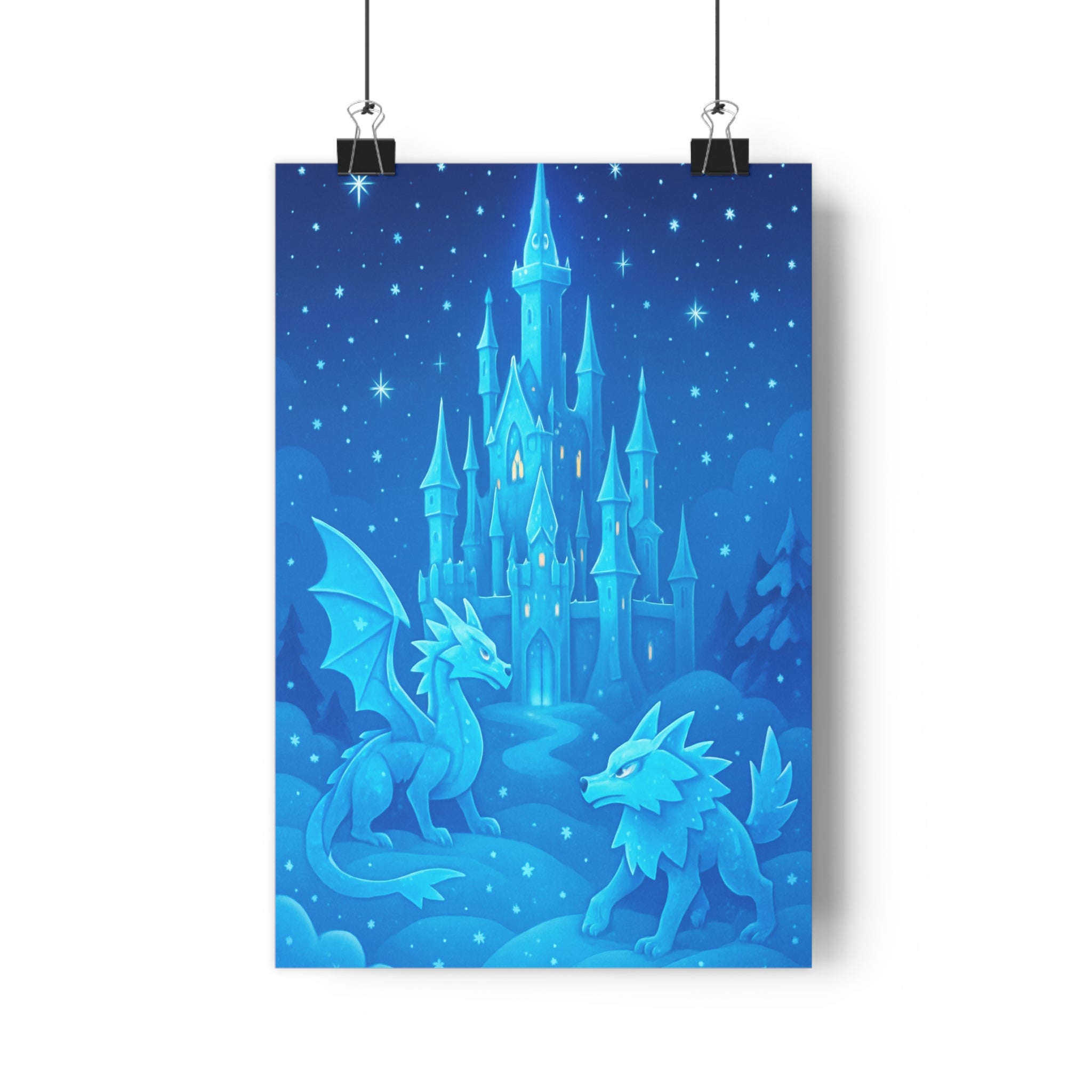 Poster décoratif féerique bleu glace cartoon magique dragon loup chambre enfant château paysage enchanté