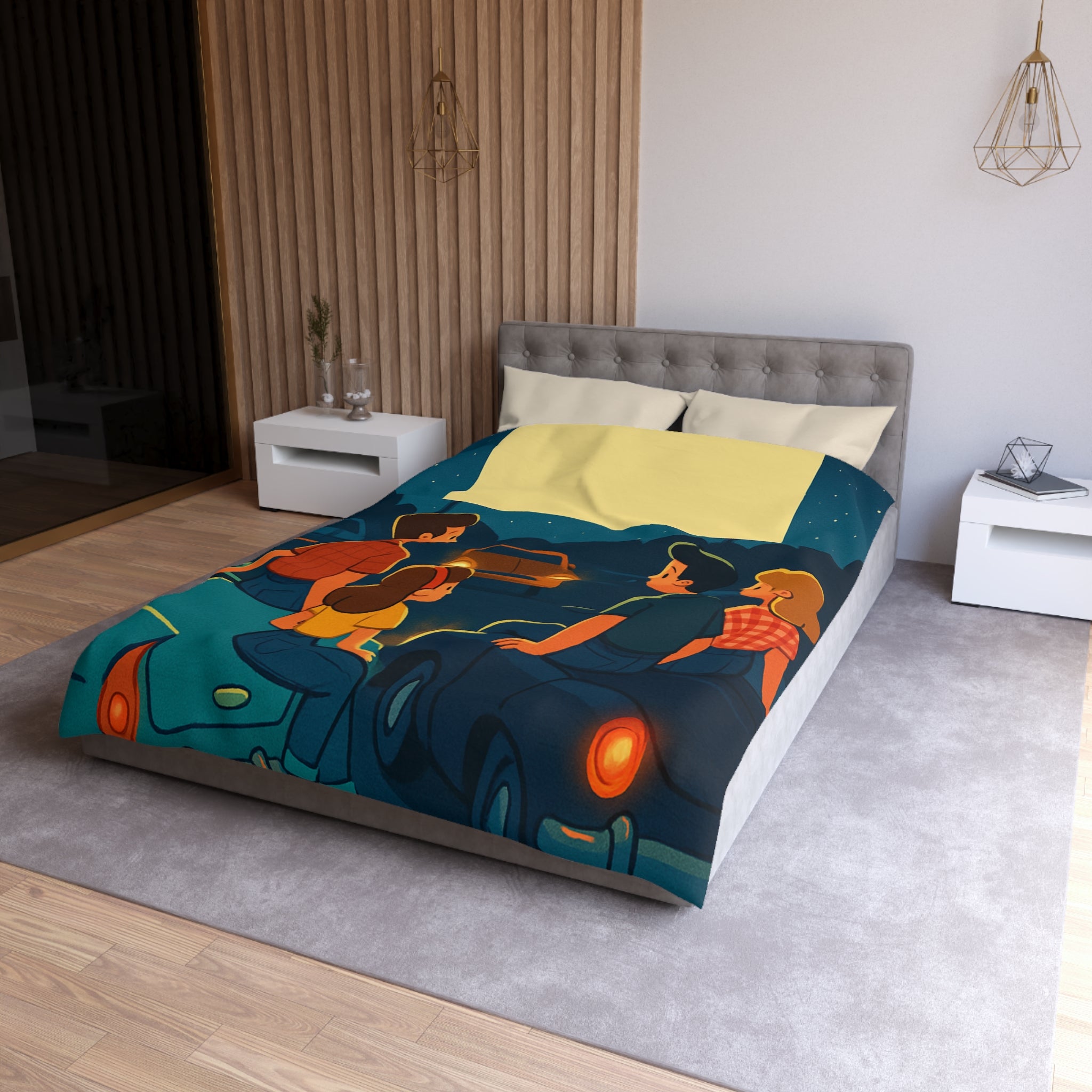 Housse de couette rétro cinéma de voitures sous un ciel étoilé fantastique