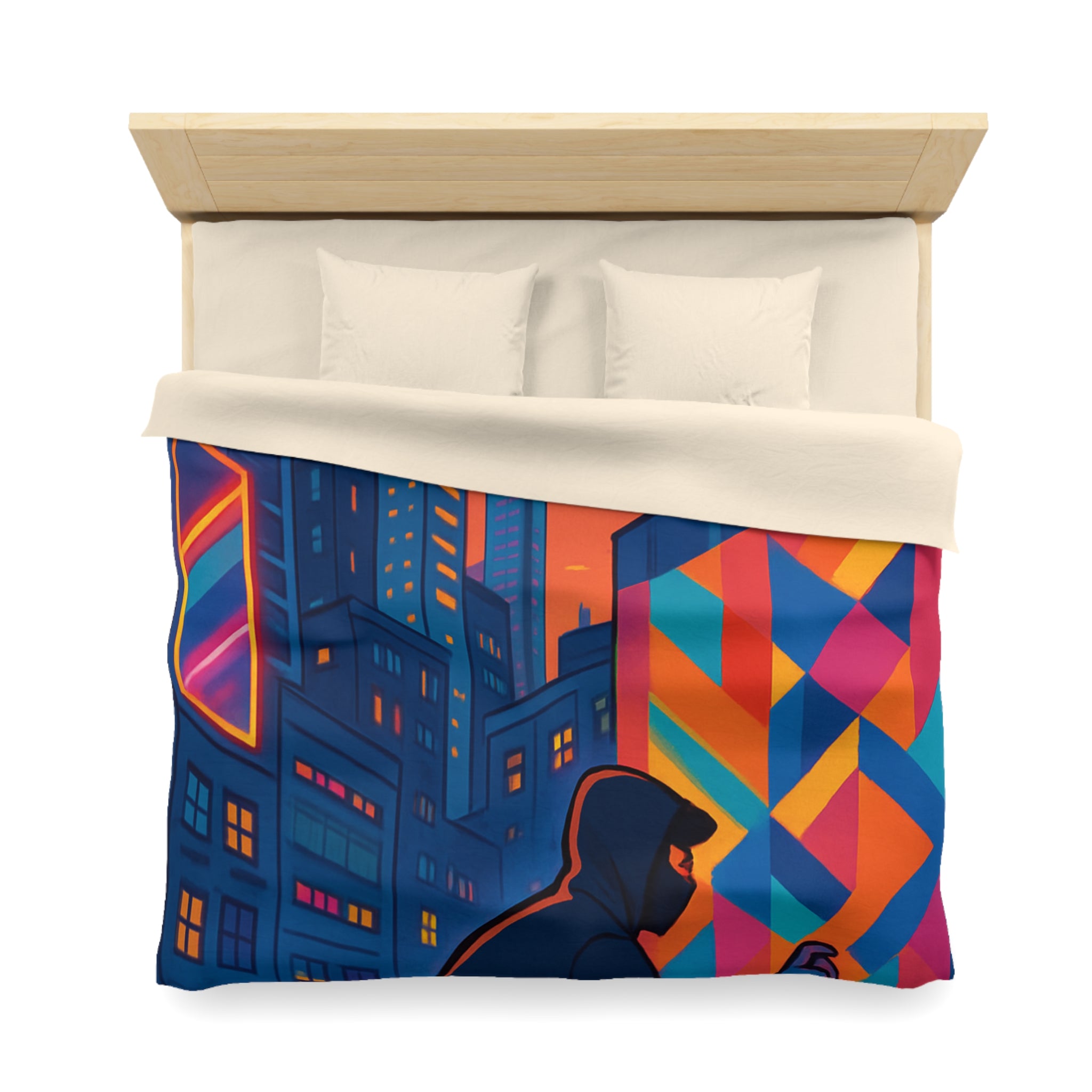 Housse de couette urbaine multicolore graffiti avec gratte-ciel et ciel crépusculaire