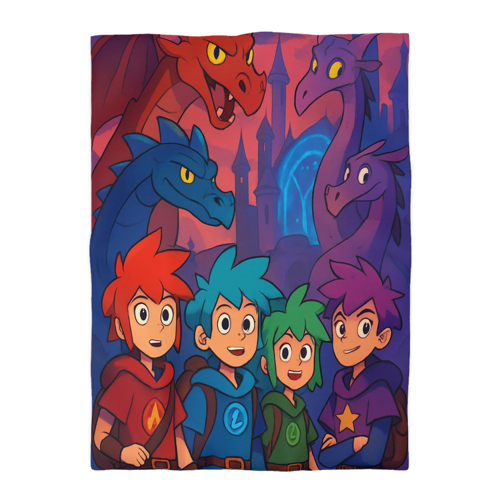 Quatre aventuriers et dragons devant château fantastique, parfait pour chambre d'enfant magique