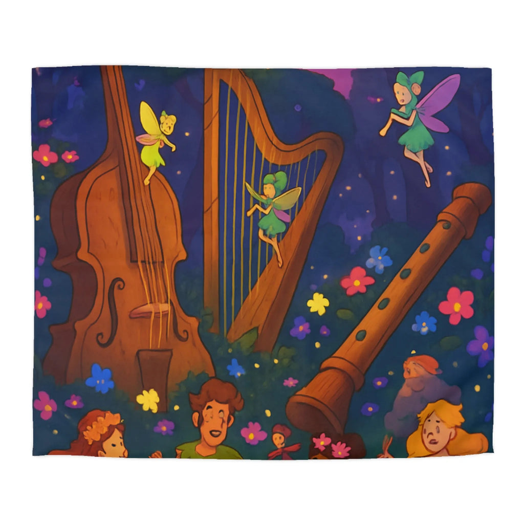 Housse de couette féérique forêt musicale, fées dansant avec fleurs et instruments enchanteurs