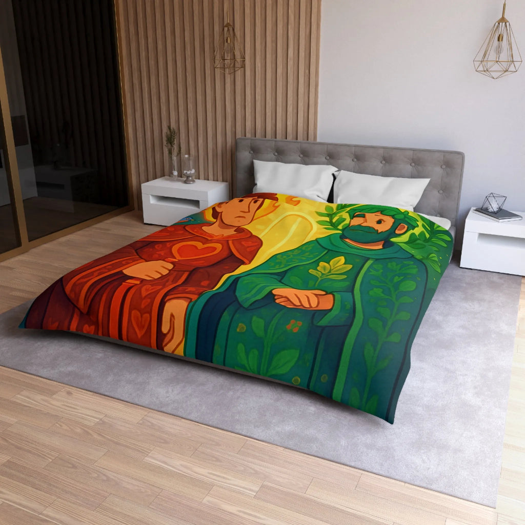 Housse de Couette Colorée avec Illustration Médiévale de Personnages Mystiques et Oiseaux Enchantés