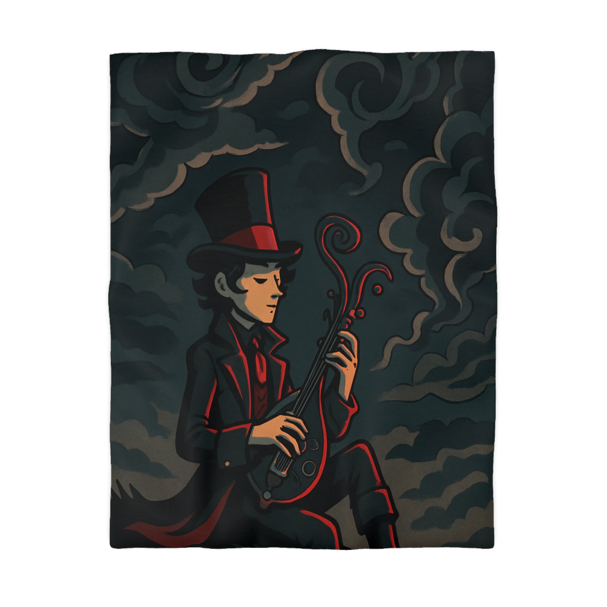 Mystérieuse silhouette avec chapeau haut-de-forme jouant d'un luth sous ciel orageux nocturne