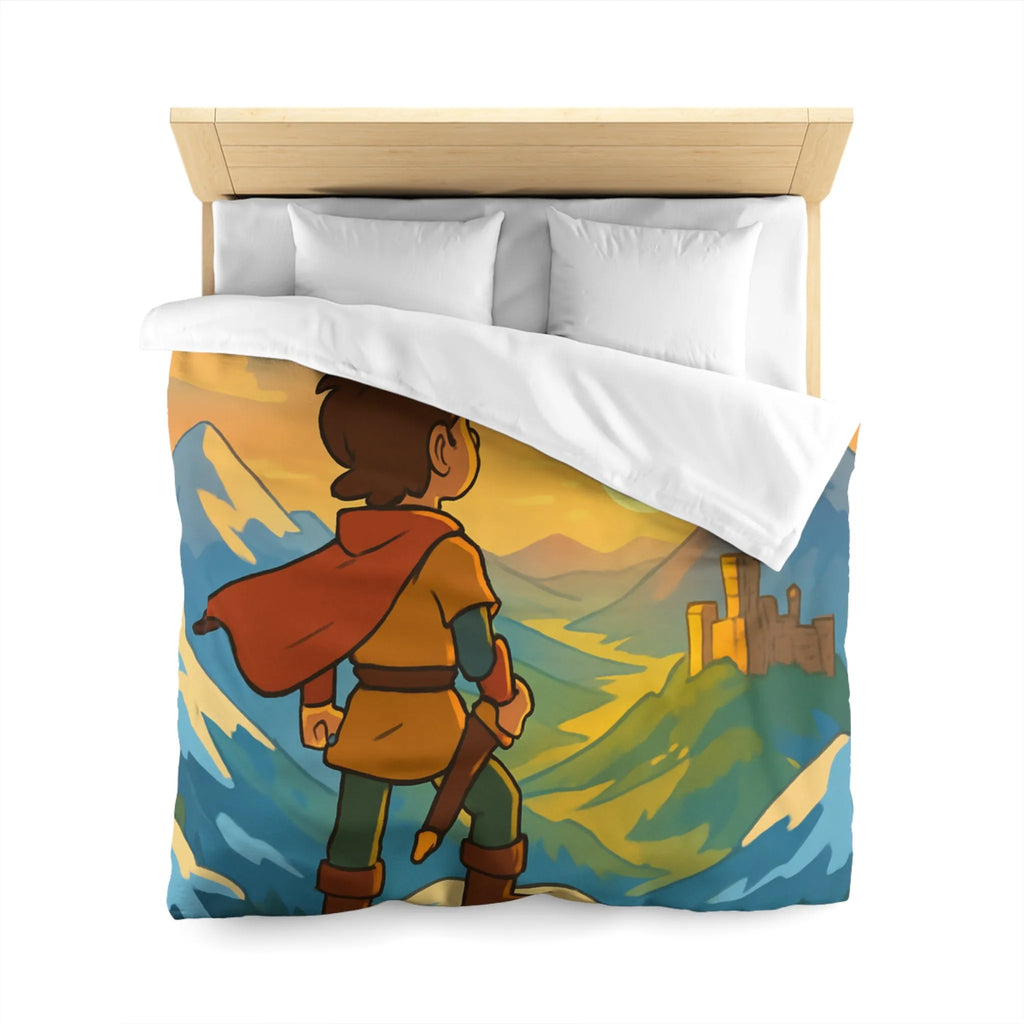 Housse de couette avec paysage montagneux, jeune aventurier et châteaux au coucher de soleil