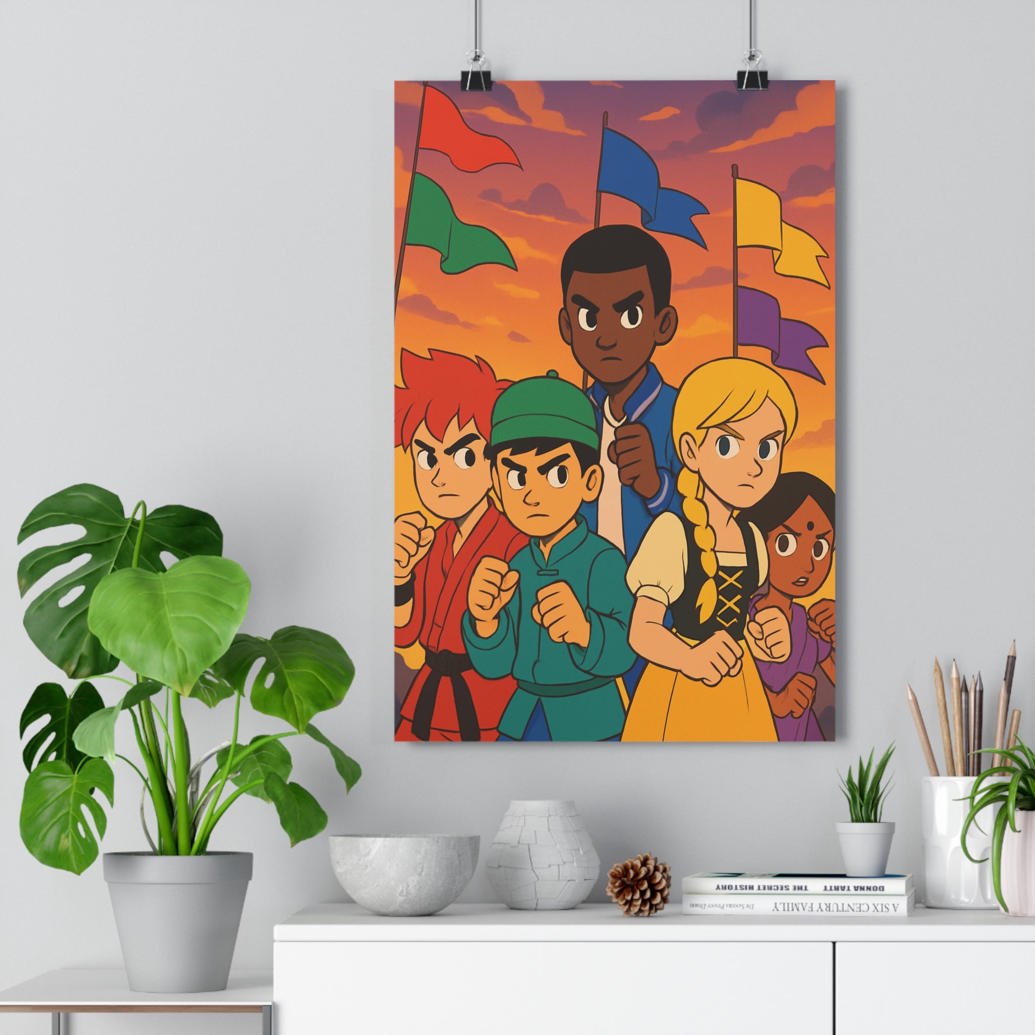 Poster décoratif vibrant multiculturel rouge bleu vert jaune violet aventure salon chambre moderne dynamique