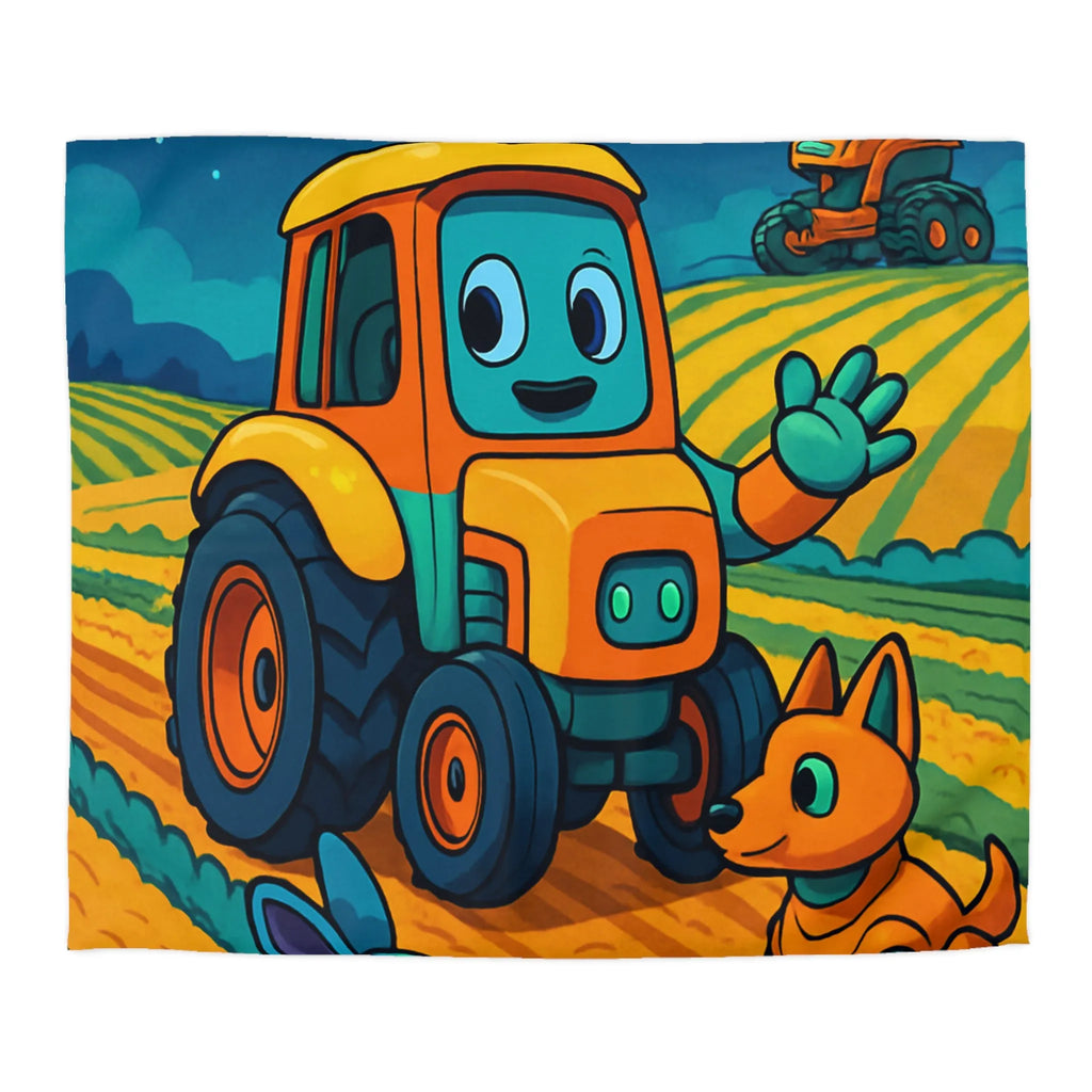 Housse de couette colorée avec tracteur joyeux, robots animaux et scène de ferme nocturne