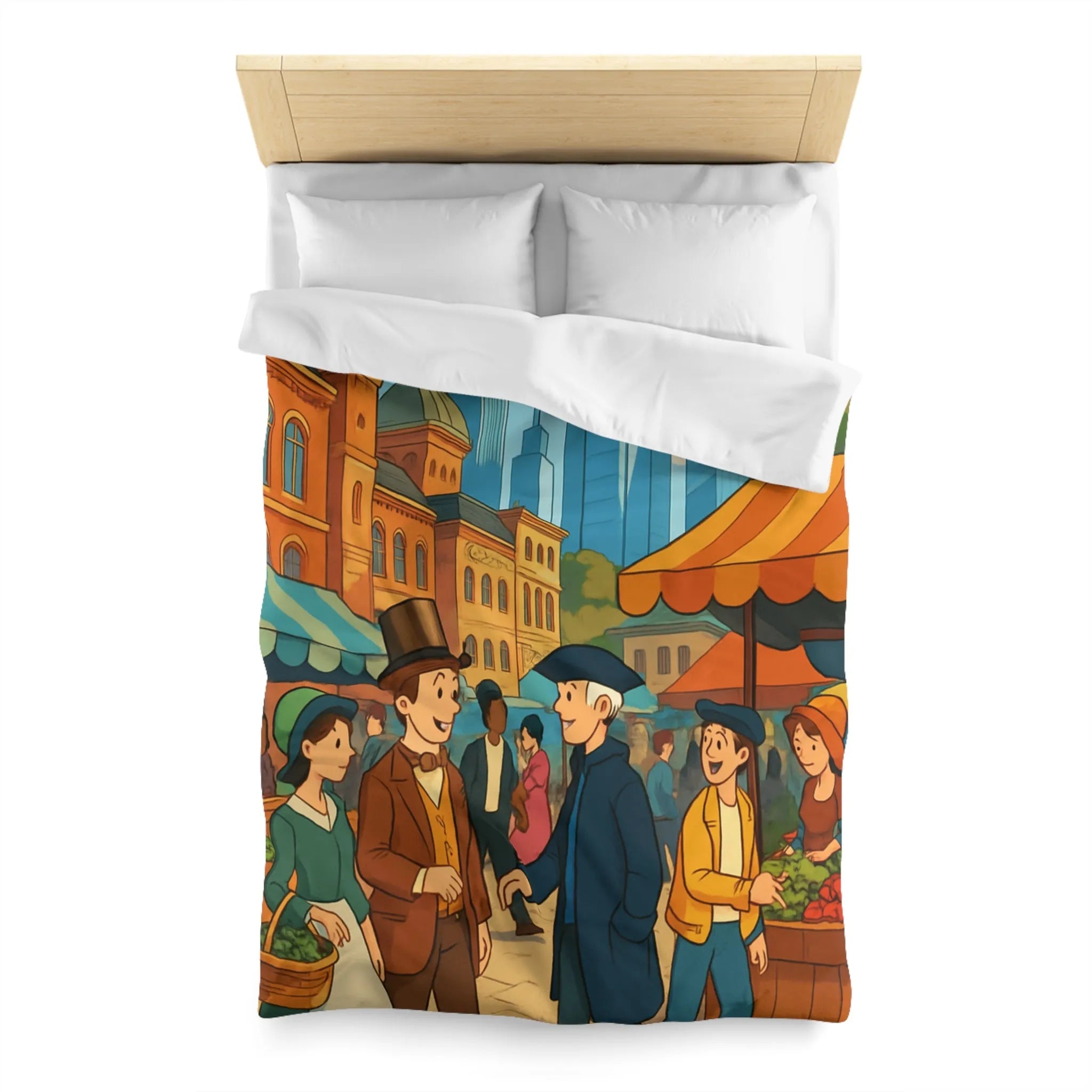 Housse de couette illustrée style rétro avec scène de marché urbain animé