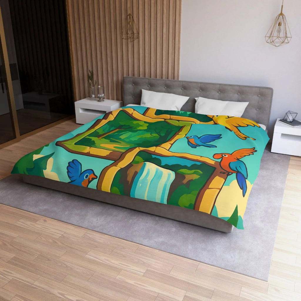 Housse de couette colorée avec oiseaux et scènes de nature paisible et dynamique