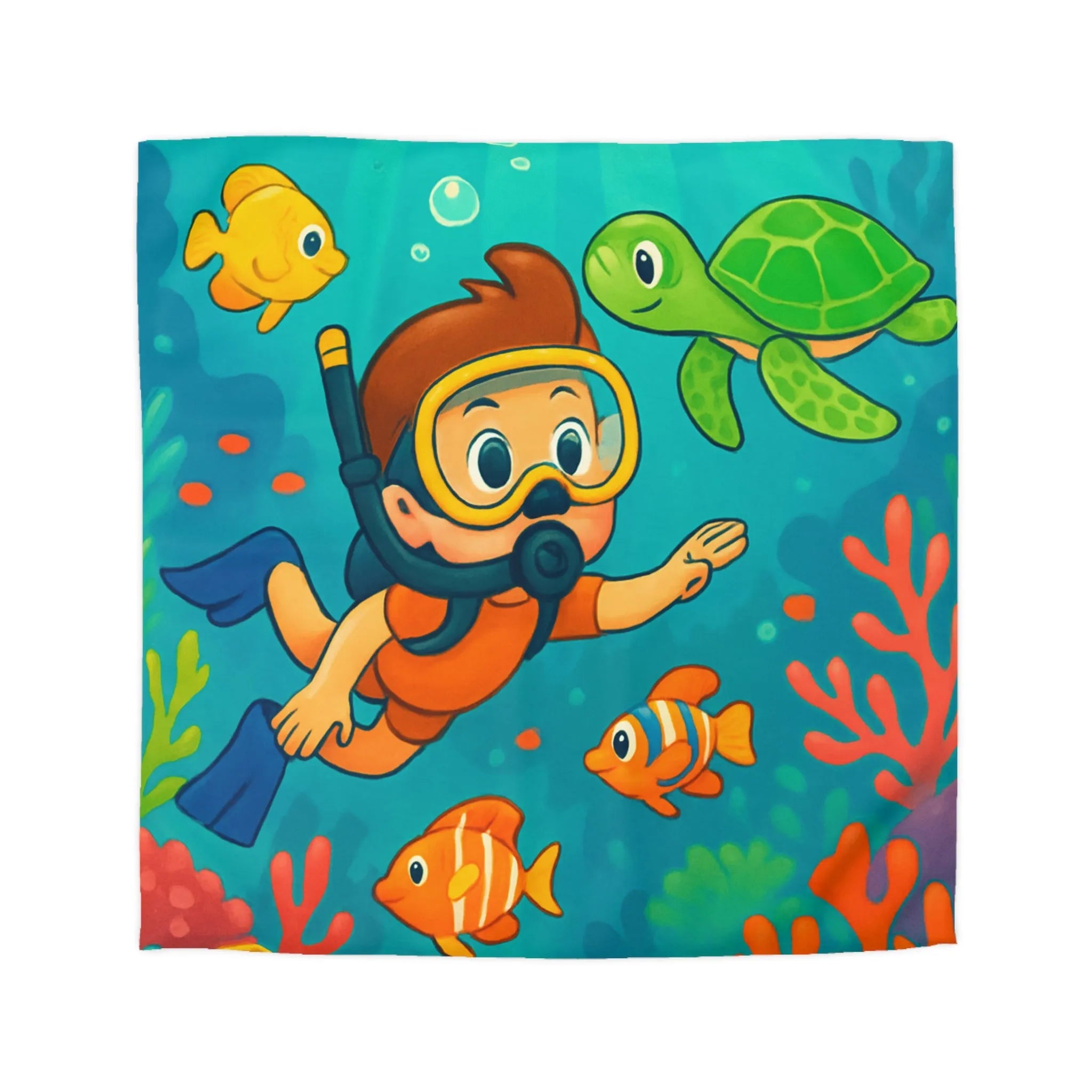 Housse de couette enfant avec dessin coloré sous-marin, snorkeling, poissons et tortue
