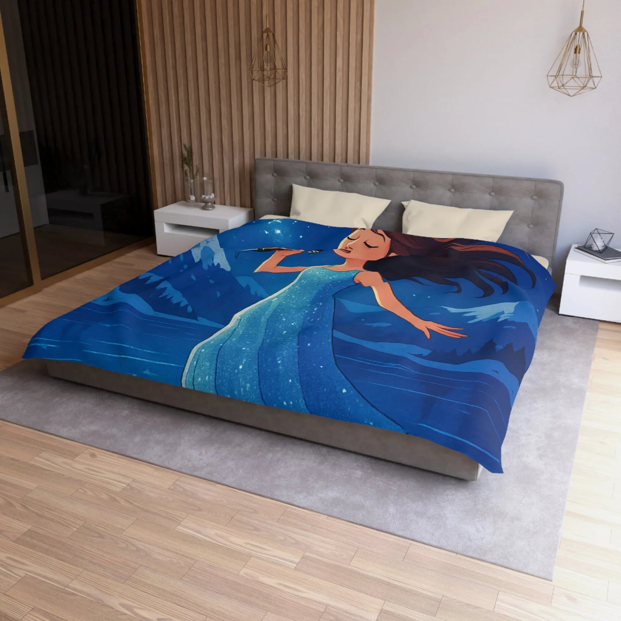 Housse de couette illustrée d'une chanteuse étoilée, robe bleu magique, montagnes enneigées