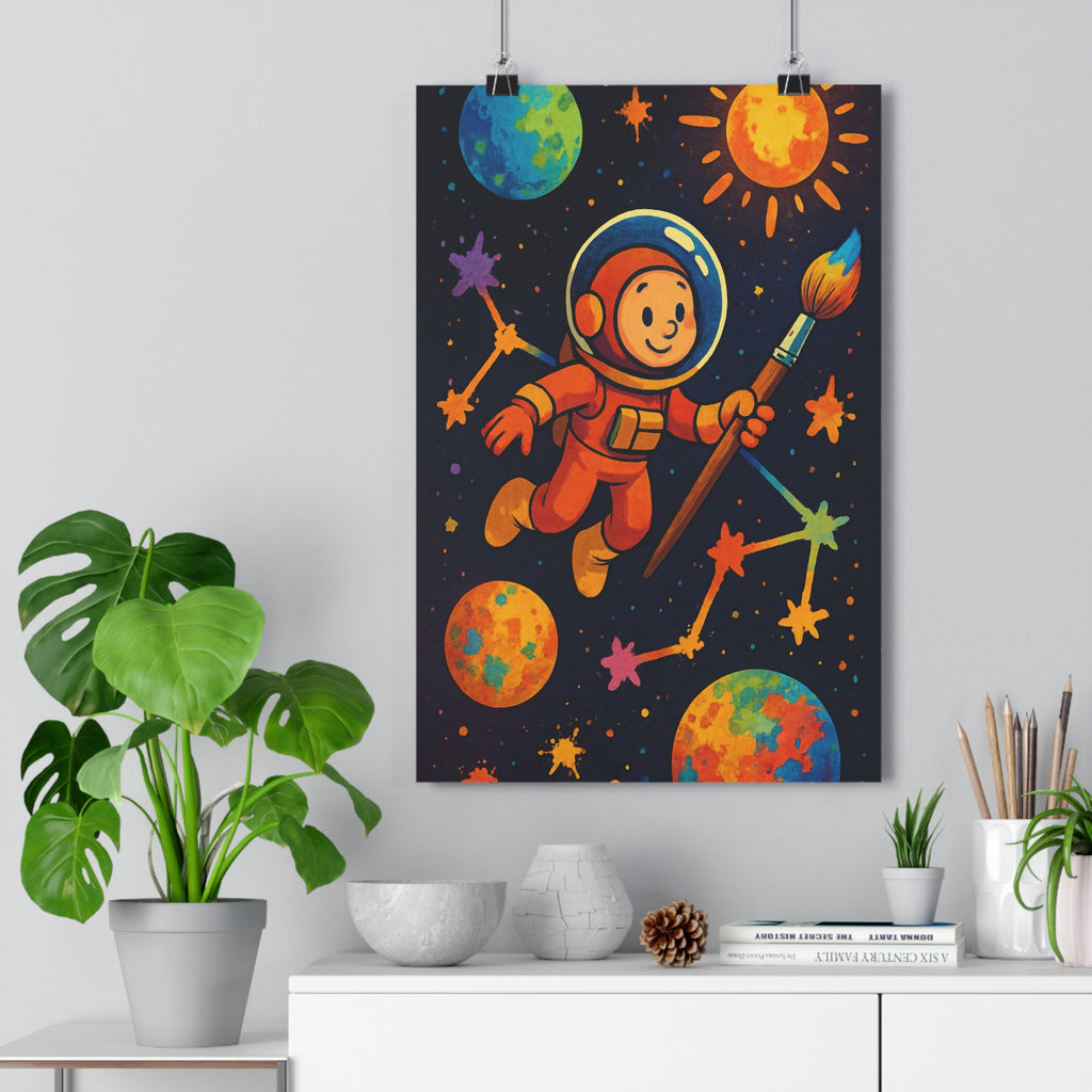 Poster décoratif astronaute cartoon bleu orange vert chambre enfant créatif aventure joyeux espace 30x46