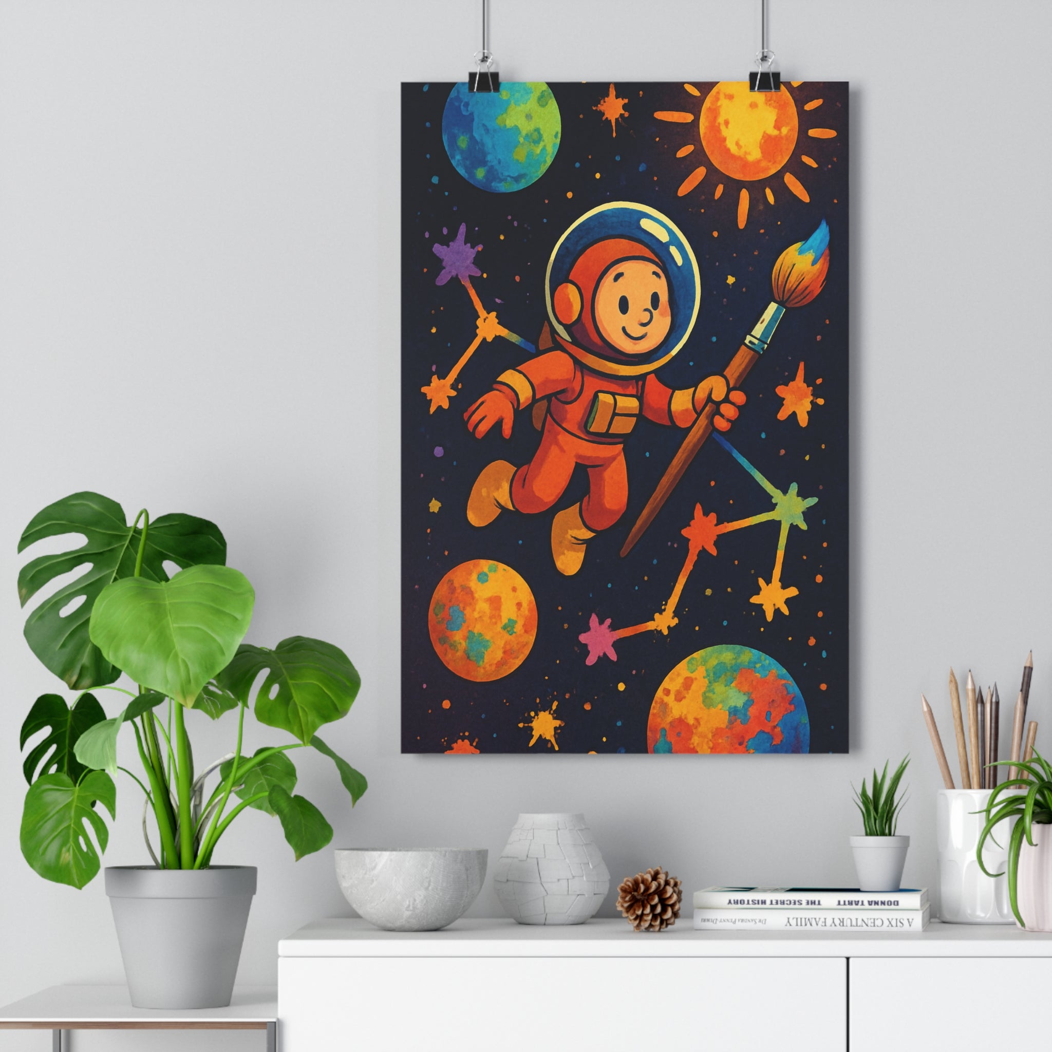 Poster décoratif astronaute cartoon bleu orange vert chambre enfant créatif aventure joyeux espace 30x46