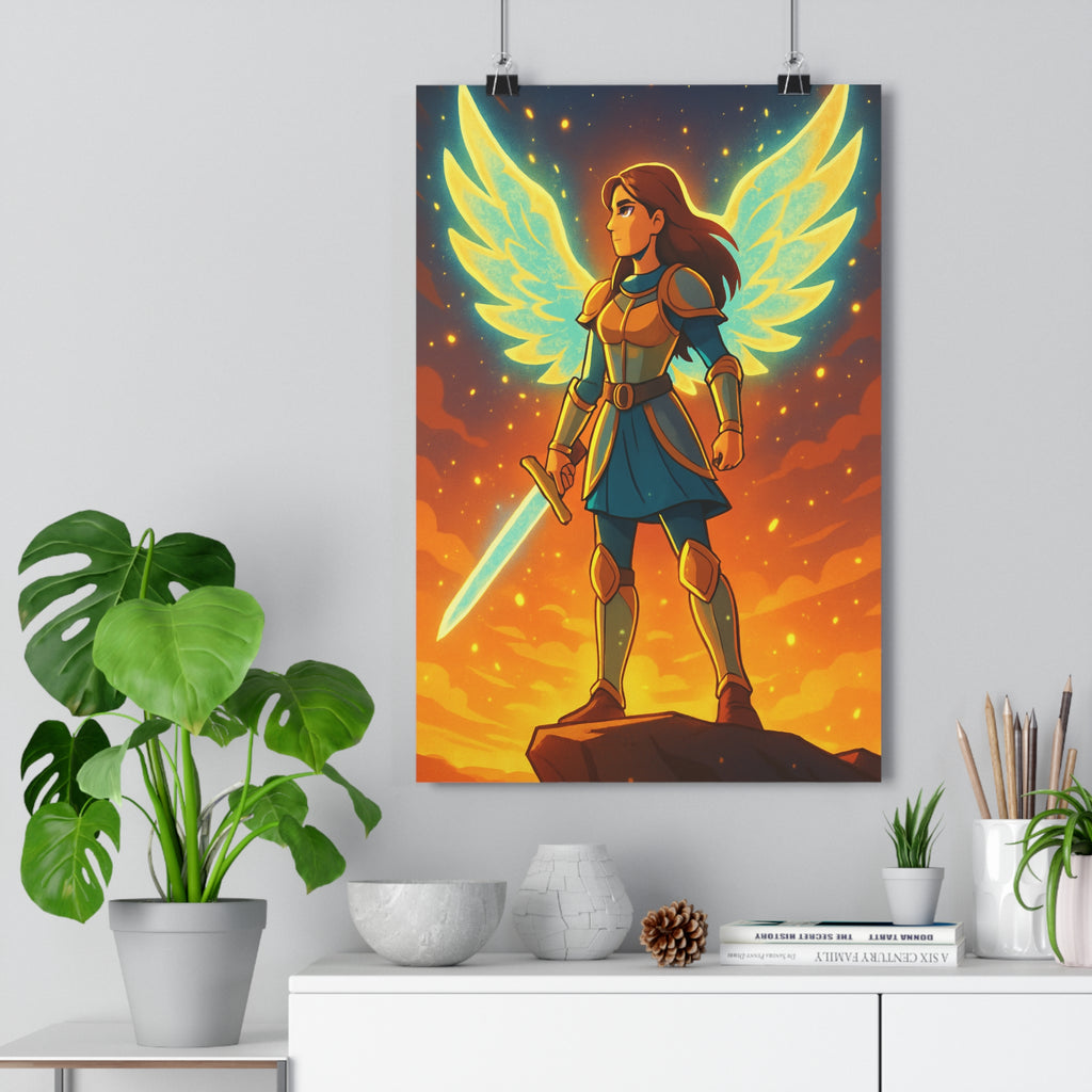 Poster décoratif guerrière lumière épique fantastique animé doré bleu bureau chambre épée lumineuse qualité