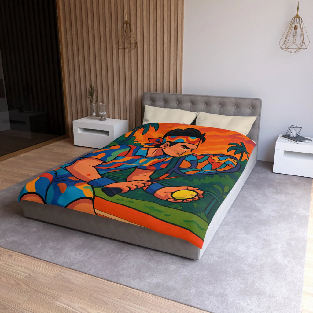 Housse de Couette Colorée Tennis Design Vibrant avec Joueur en Action et Palmiers