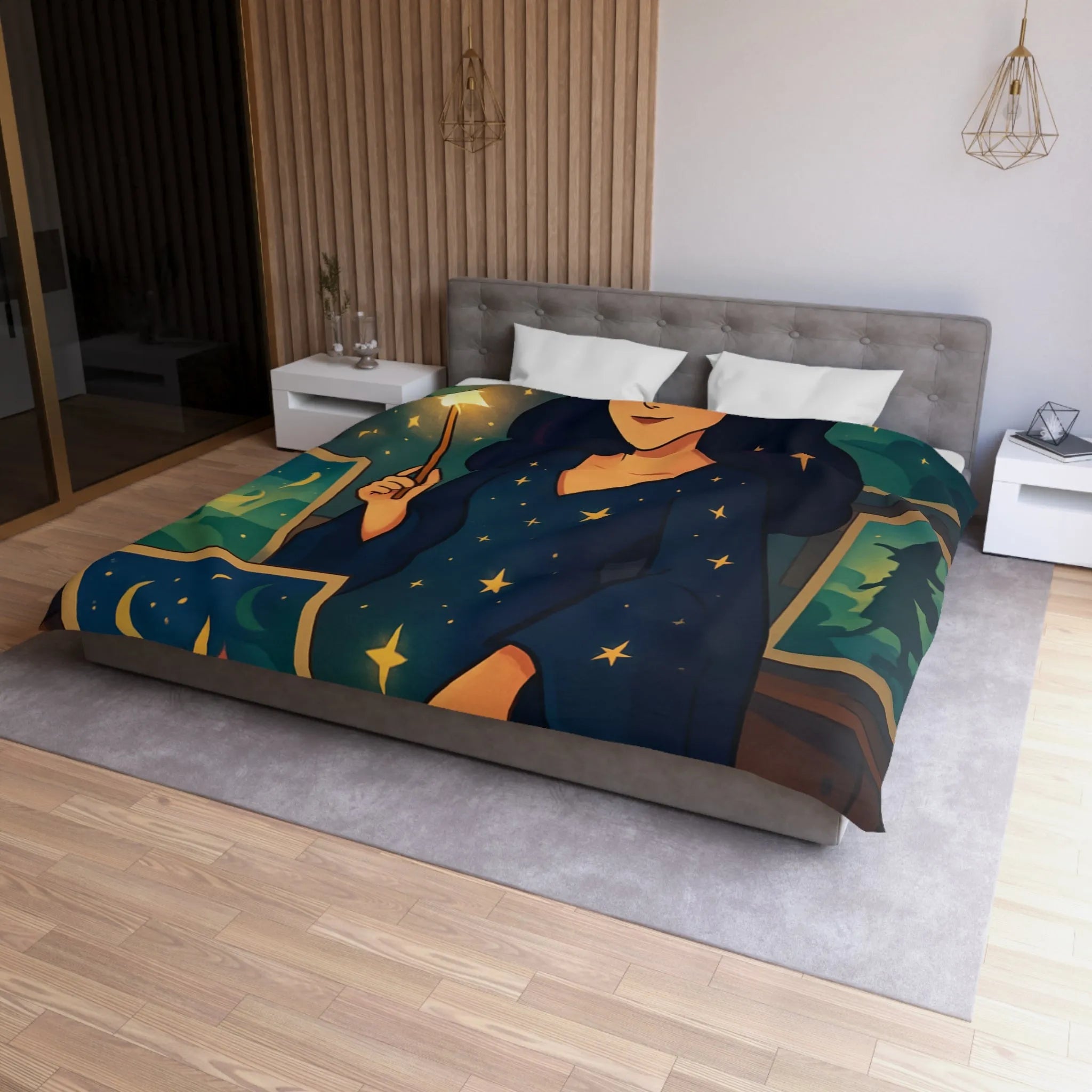 Housse de couette magique avec motif étoilé et créatures fantastiques pour chambre féérique