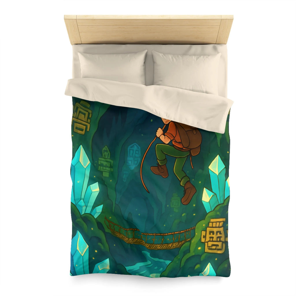 Explorateur suspendu dans une mystérieuse caverne remplie de cristaux et de mystères anciens