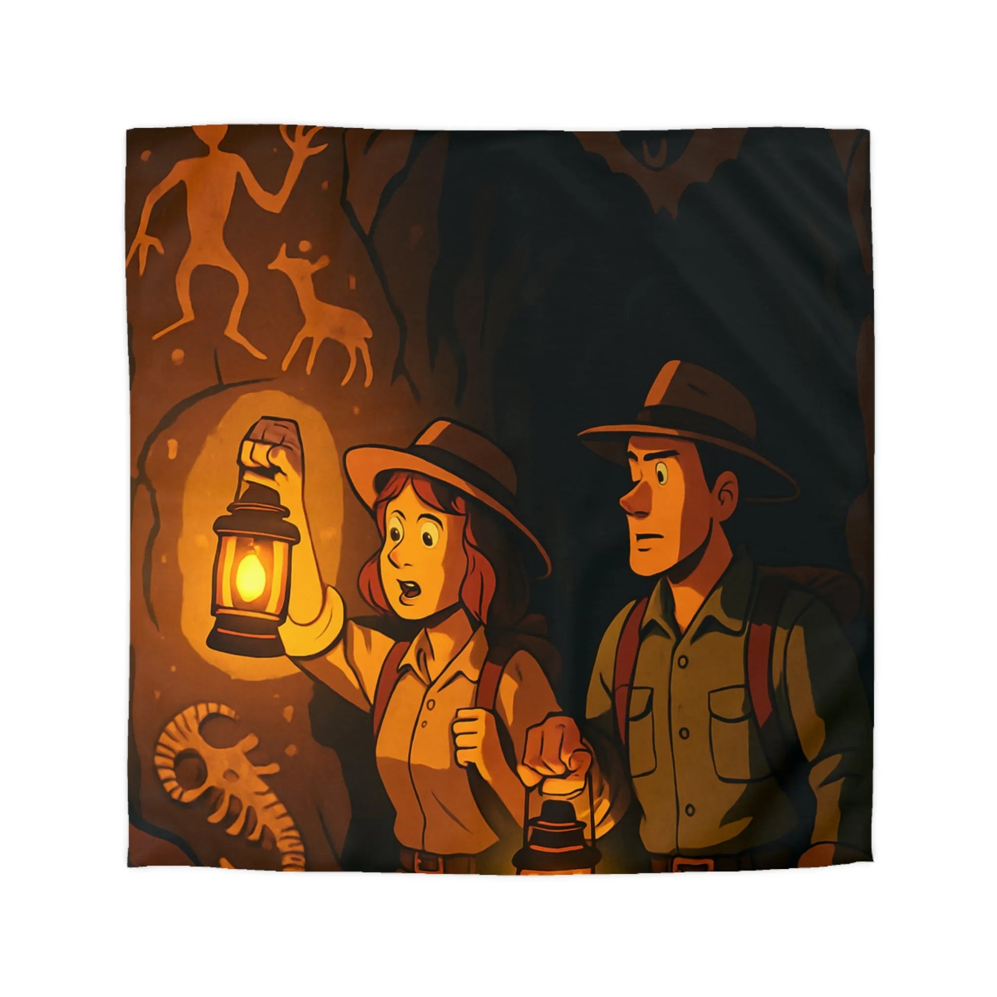 Housse de couette aventure rétro avec explorateurs et art rupestre, ambiance mystérieuse