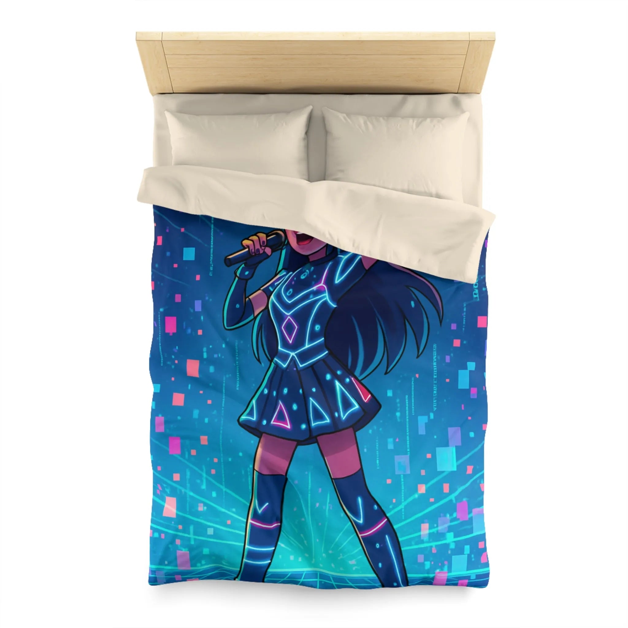 Housse de Couette Fille Chanteuse Néon Style Futuriste Graphiques Lumineux Bleu Rose