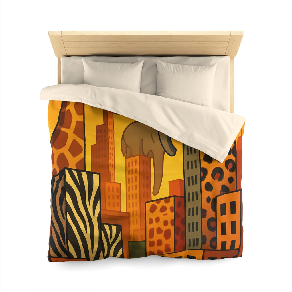 Housse de couette jungle urbaine : gratte-ciel animaux dans tons chauds, motif sauvage