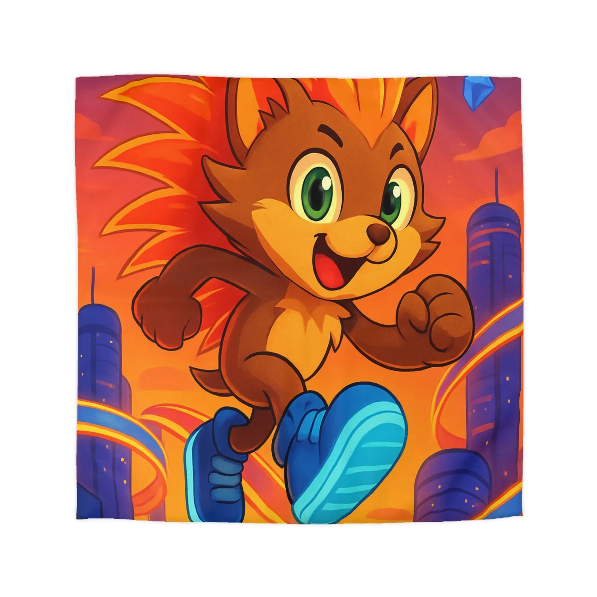 Housse de couette avec hérisson coloré courant dans une ville futuriste au coucher du soleil