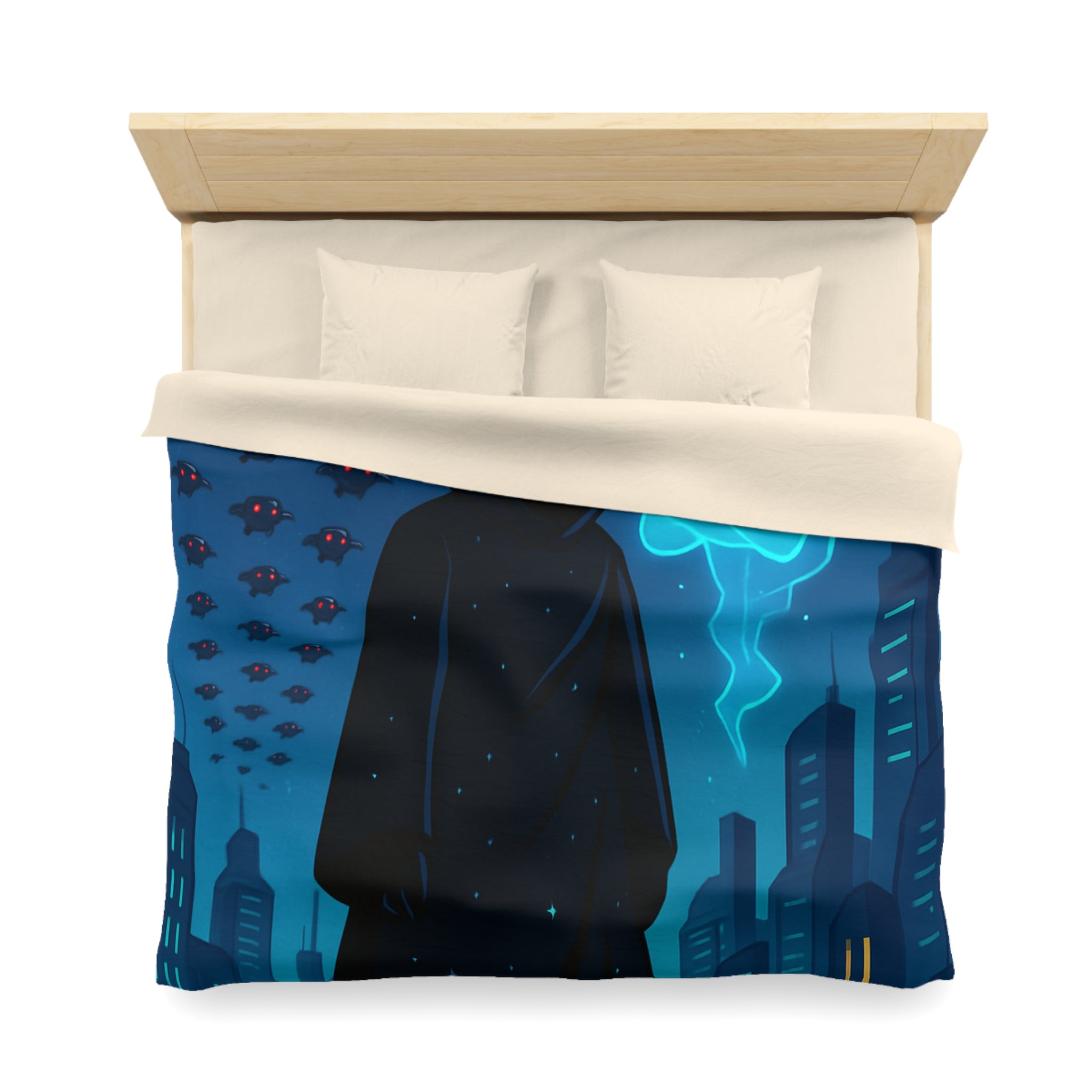 Housse de couette spatiale avec figure masquée et paysage urbain futuriste