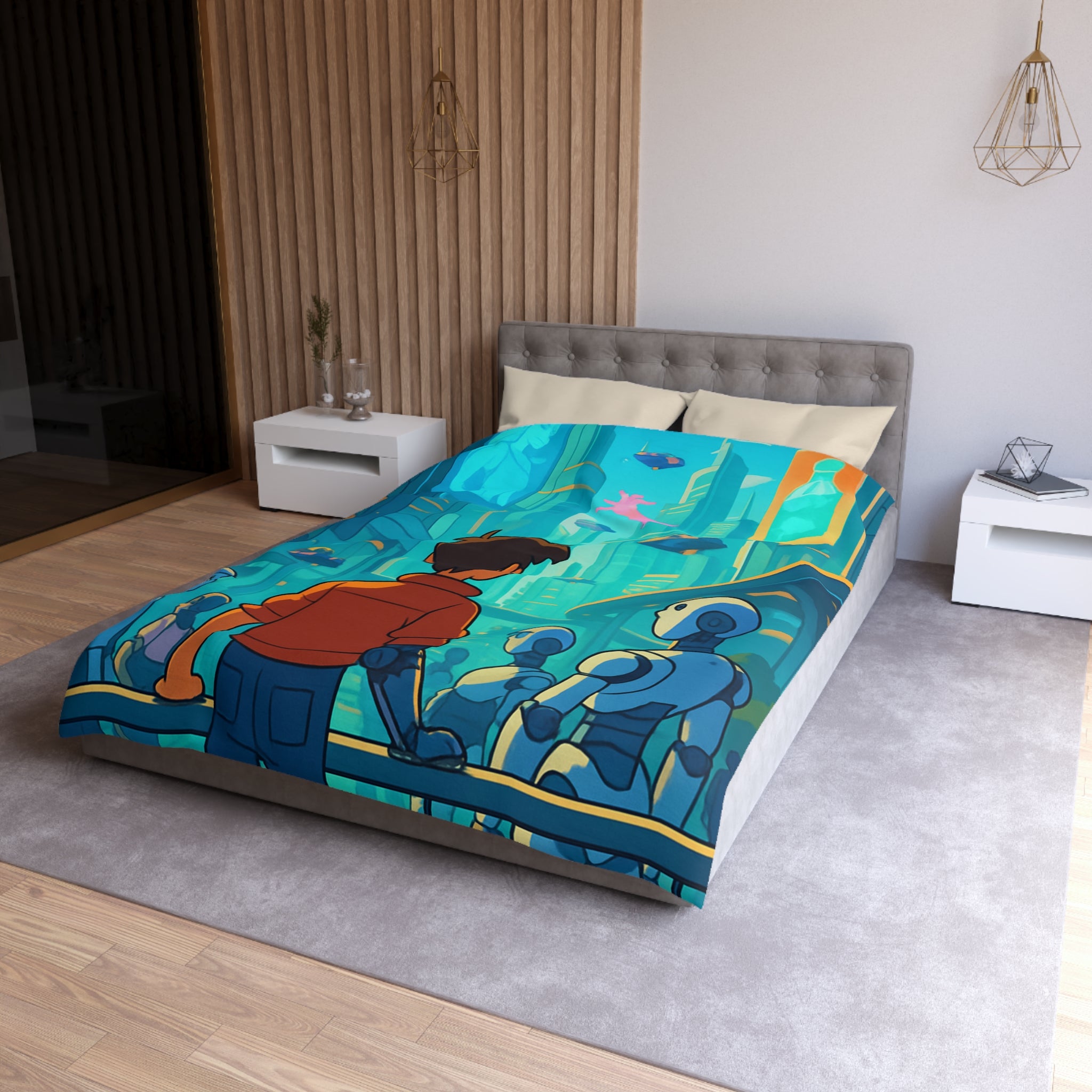 Housse de couette urbaine futuriste avec robots et affiches lumineuses pour chambre moderne