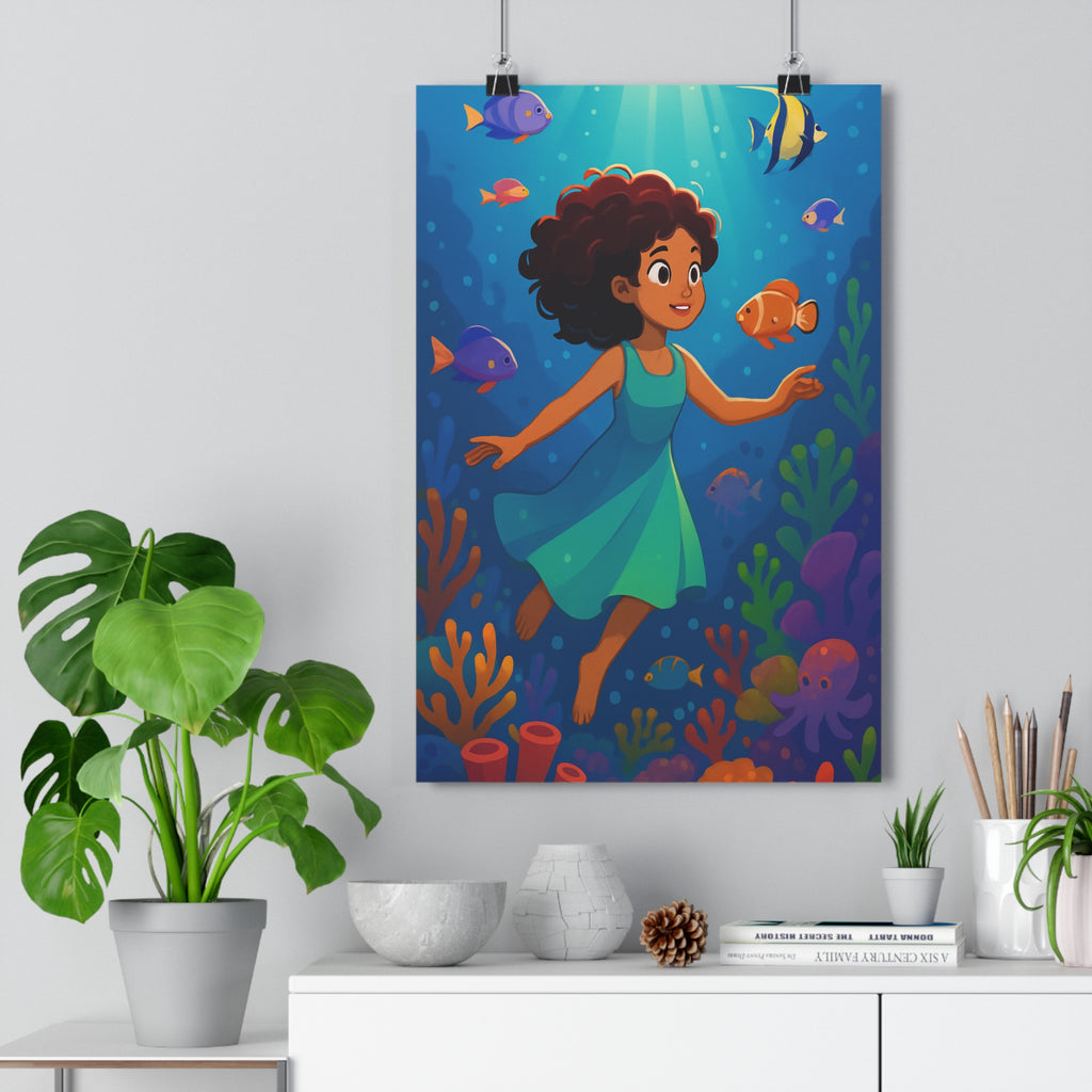 Poster décoratif dessin animé bleu vert sousmarin serein enfant chambre océan poisson corail vibrant