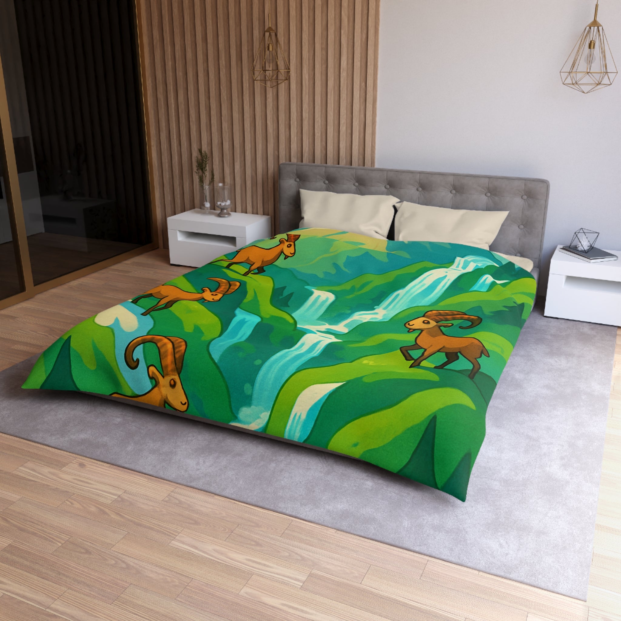 Housse de couette montagneuse avec bouquetins et cascades pour chambre paisible
