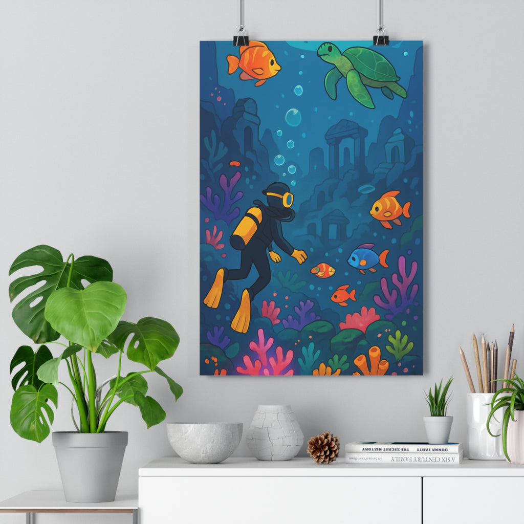 Poster décoratif océan bleu vert cartoon mystique chambre enfant design vibrant moderne captivant tendance