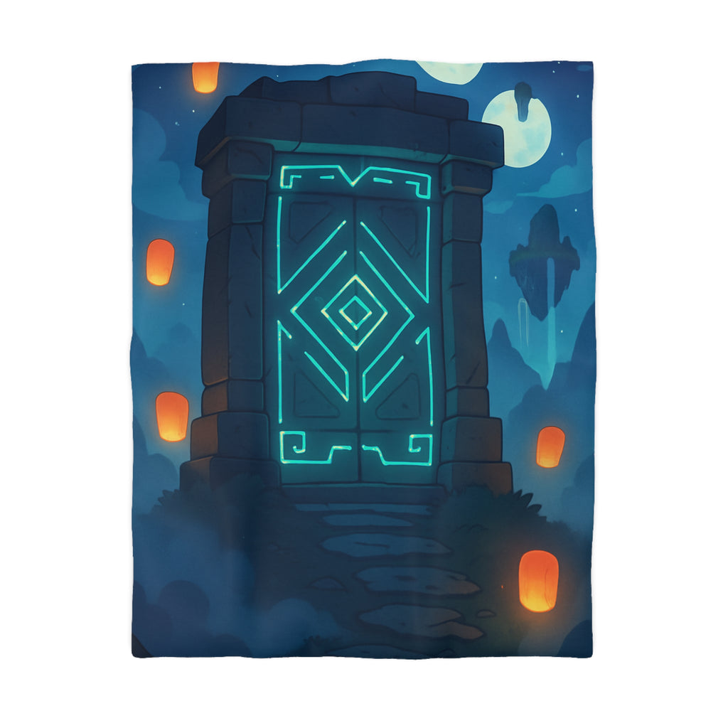 Housse de couette mystérieuse avec portail magique et lanternes flottantes sous ciel étoilé
