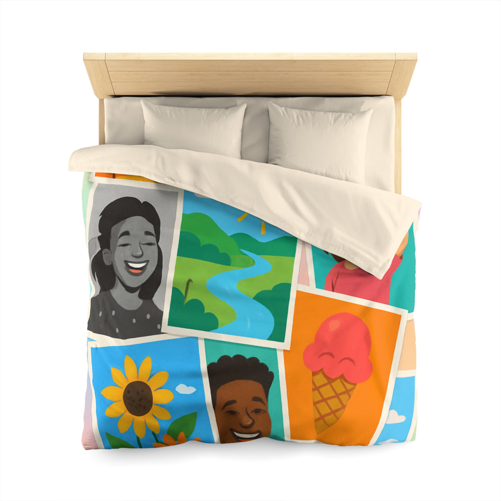 Vibrante housse de couette colorée avec portraits joyeux et paysages ensoleillés pour chambre