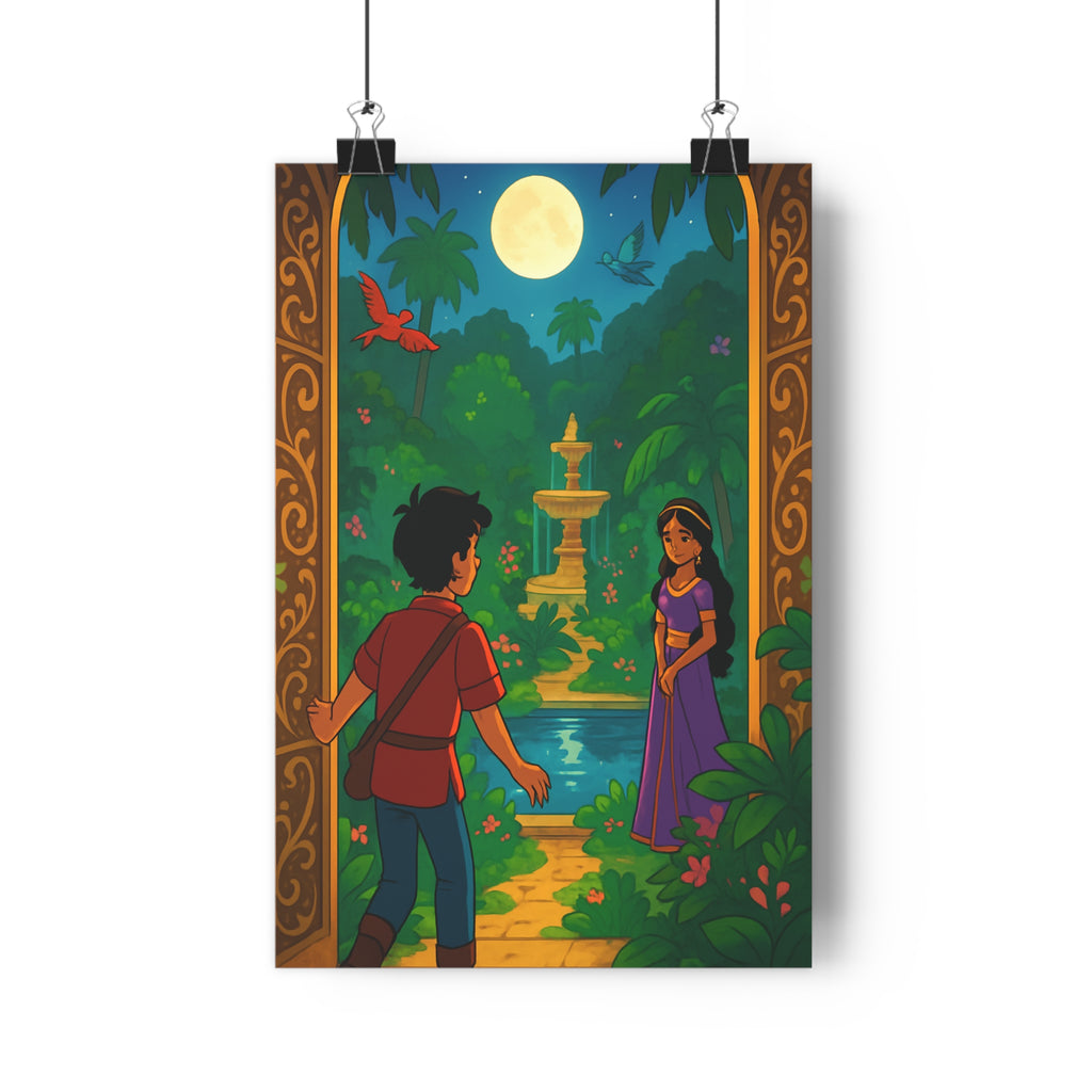 Poster décoratif jardin secret magique lune enfant luxuriant exotique coloré nocturne sérénité chambre ambiance
