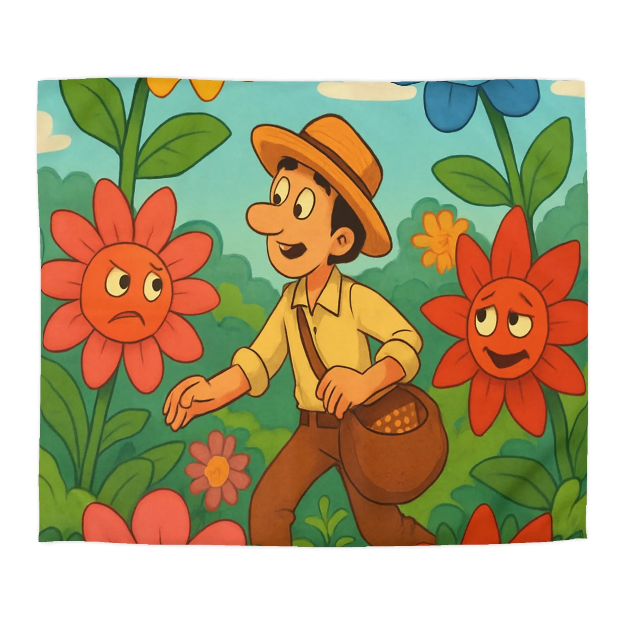 Housse de couette colorée avec jardin de fleurs expressives et personnage en promenade