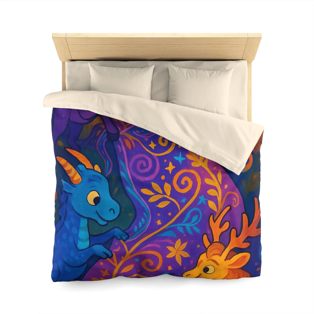 Housse de Couette Féérique Avec Créatures Magiques Colorées et Motif Floral Envoûtant