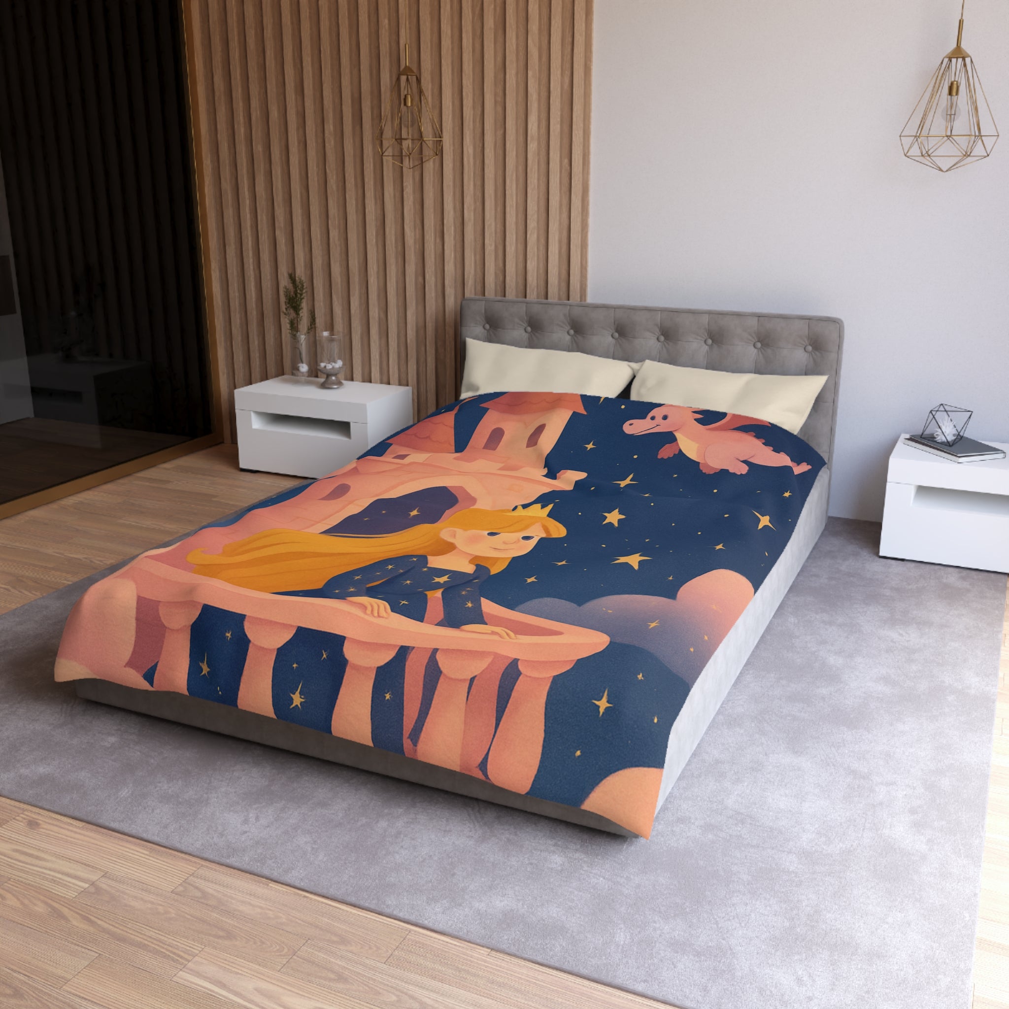 Housse de couette princesse rêveuse château et dragon volant étoiles scintillantes nuit