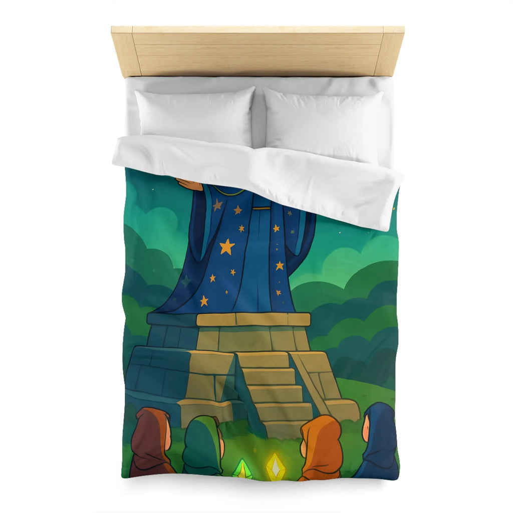 Housse de couette fantaisie avec sorcier et cristaux lumineux dans un paysage étoilé